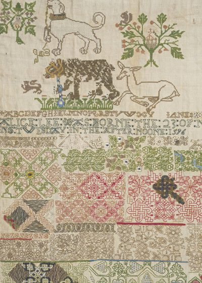 Image of a sampler by Jane Bostocke, dated 1598, in the Victoria and Albert Museum