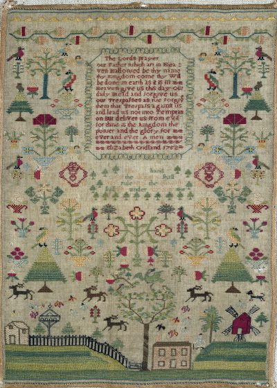 Image of a 1752 sampler by Elizabeth Cridland, in the Victoria and Albert Museum