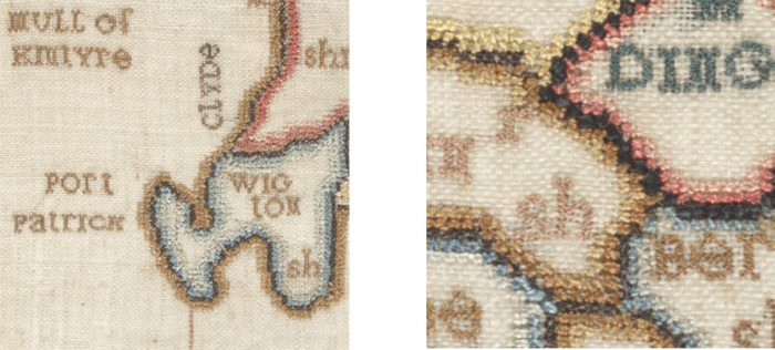 Images showing details from Margaret Montgomery's map of Scotland