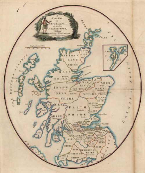 Image of Laurie and Whittle's map of Scotland, a paper template for ladies needlework