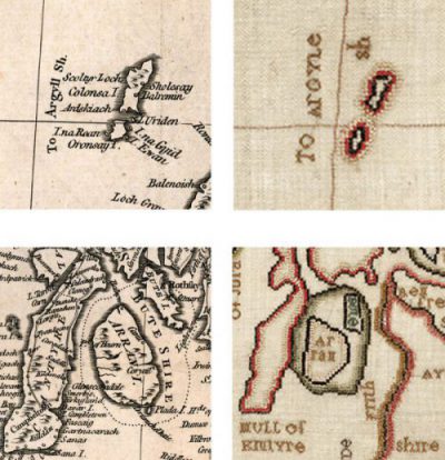Images showing details from Palmer’s map compared with similar areas on Margaret Montgomery’s needlework map