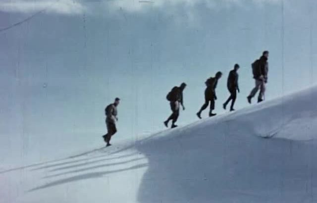 Five climbers walking up a snowy slope