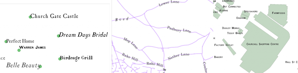 Some examples of how the text labels are positioned on the synthetic maps, reproducing the rules of word-placement in OS maps