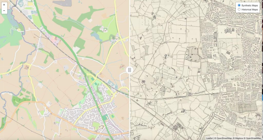 A side-by-side view of an area in OpenStreetMap, and the corresponding synthetic map generated in the style of OS maps