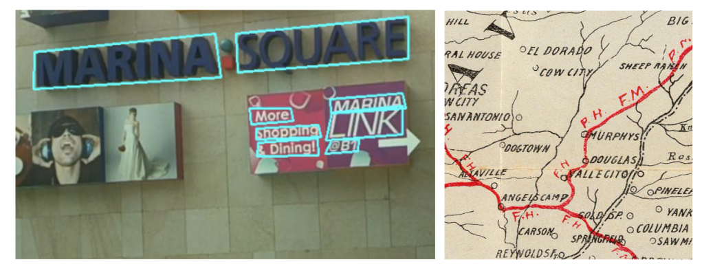 On the left: example of an image where the text is easy to identify, and the algorithm is able to create bounding boxes around the detected words. On the right: an example of the visual complexity of maps, that makes detecting words automatically very challenging