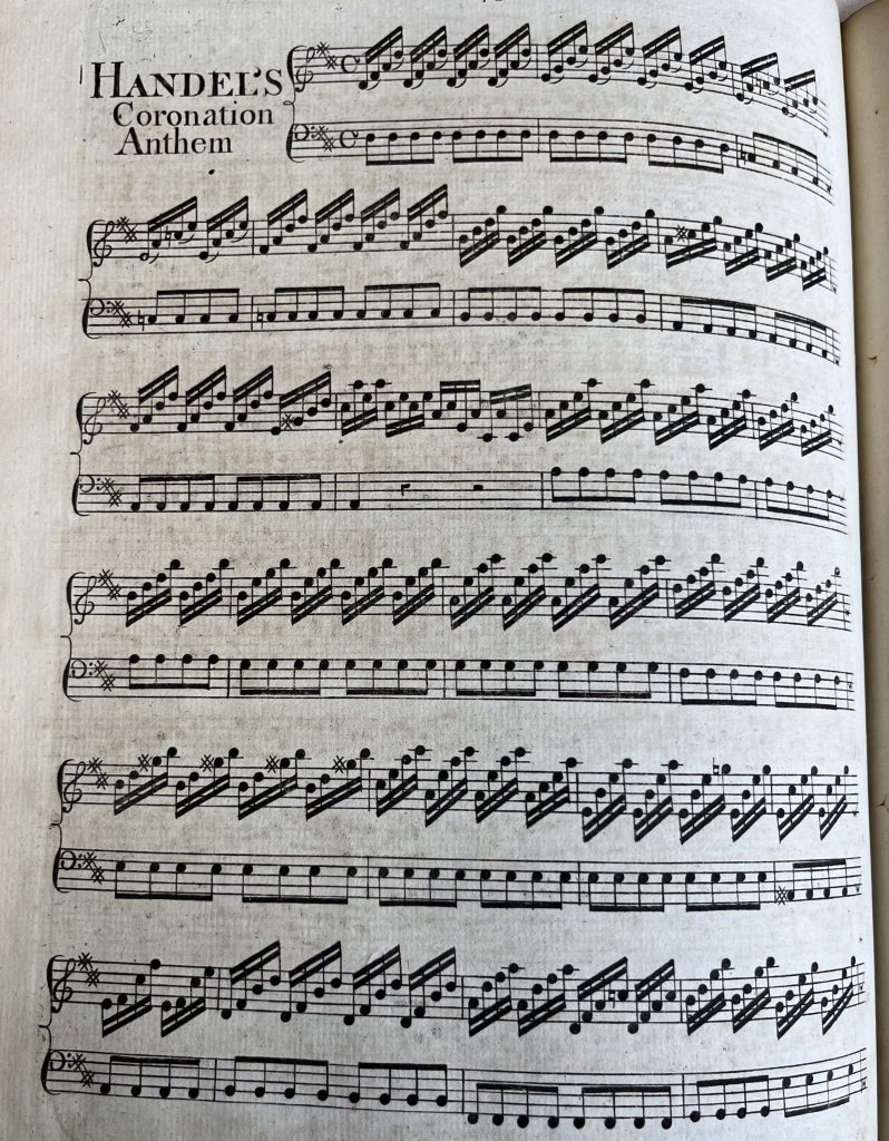 Handel's Overtures 11th Collection Set for the Harpsichord or Organ ... Time and Truth, Jephtha, Theodora, Deborah, to which is added the Coronation Anthem. London: I. Walsh, [1758]. NLS reference: BH.266