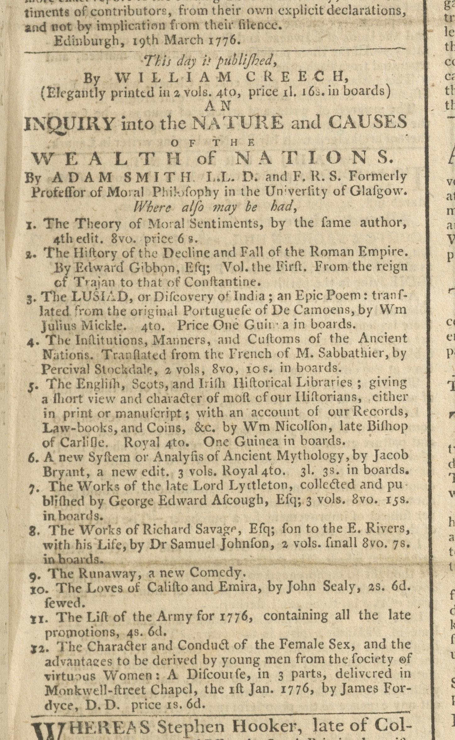 Advertisement for Adam Smith's Wealth of Nations