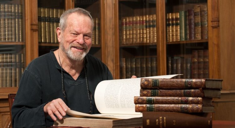 Terry Gilliam looking through the archive at the National Library of Scotland, George IV Bridge, Edinburgh.